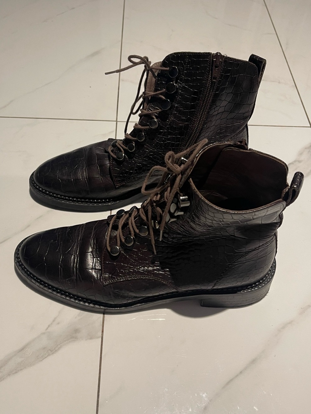 Women’s Dark Brown Croc-Embossed Leather Lace-Up Boots